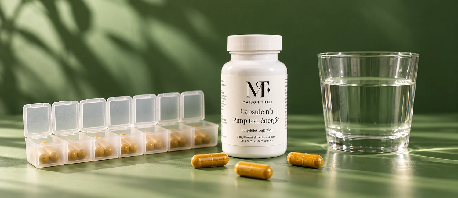Capsule n°1 de Maison Thali avec un semainier de gélules et un verre d’eau