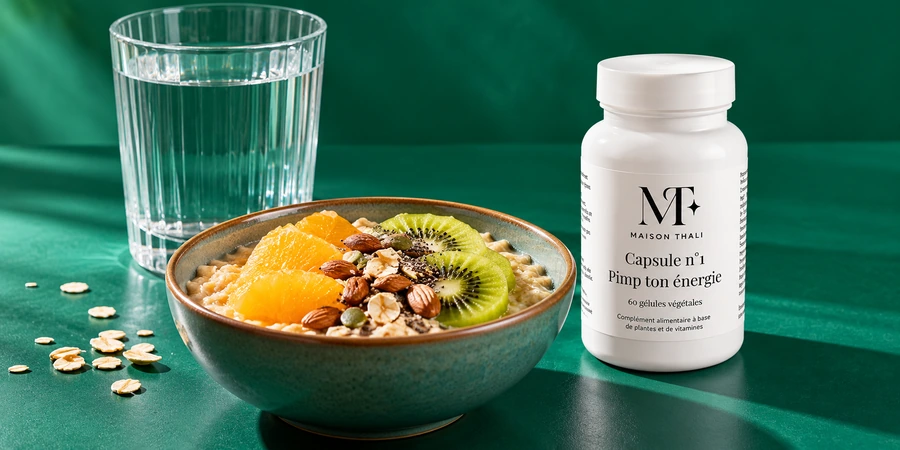 Flacon Capsule n°1 de Maison Thali à côté d’un verre d’eau et d’un bol de petit-déjeuner sur un fond vert vif