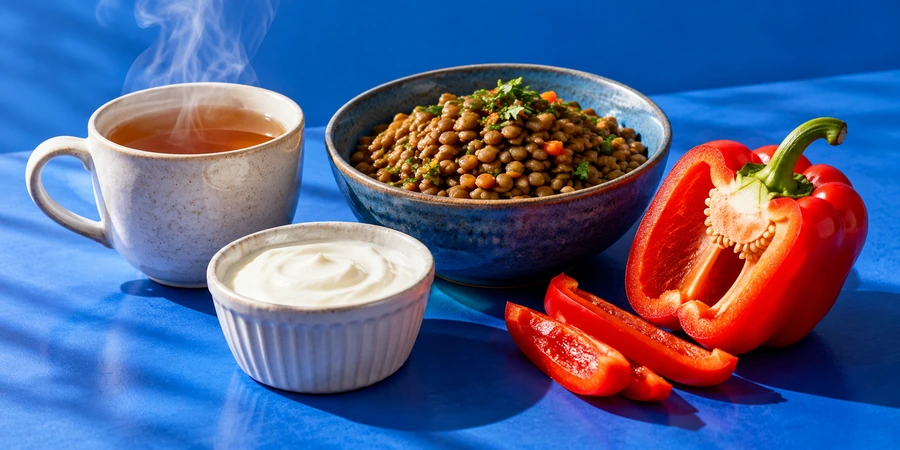 Tasse de thé, petit pot de yaourt, lentilles et poivron rouge coupé sur un fond bleu vif