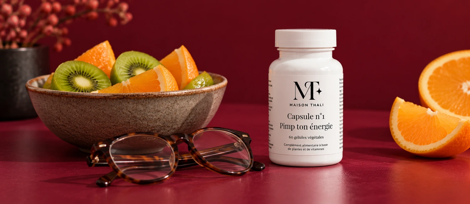 Capsule n°1 de Maison Thali avec des lunettes de lecture et un bol de fruits
