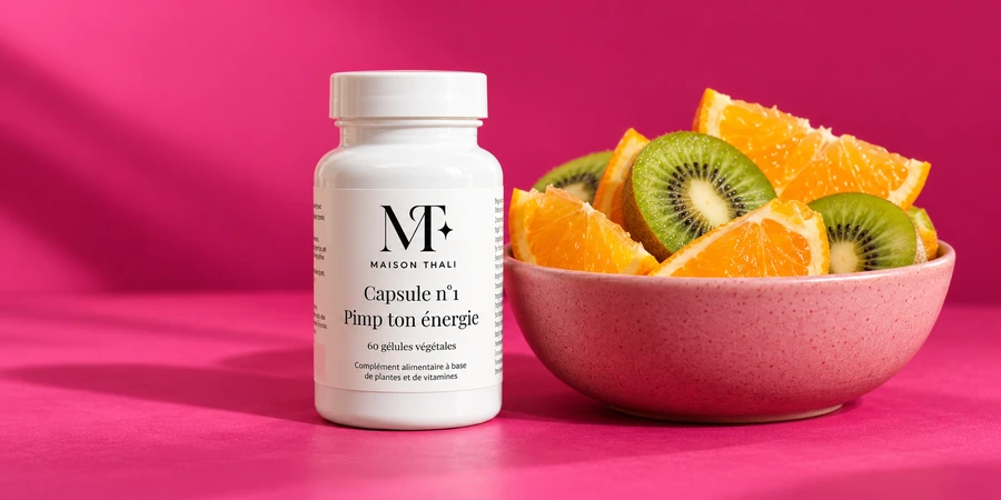 Flacon Capsule n°1 de Maison Thali à côté d’un bol de fruits frais sur un fond rose vif