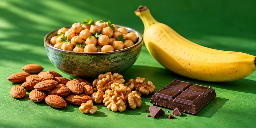 Amandes, noix, carré de chocolat noir, pois chiches et banane sur un fond vert