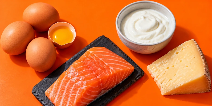 Œufs, pavé de saumon cru, yaourt nature et morceau de fromage sur un fond orange vif