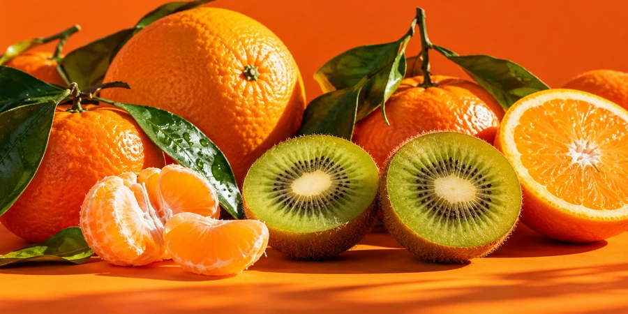 Oranges, clémentines et kiwis coupés en deux sur fond orange vif