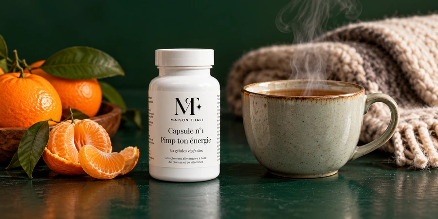 Flacon Capsule n°1 de Maison Thali à côté d’une tasse de thé fumante et de clémentines sur fond vert sapin