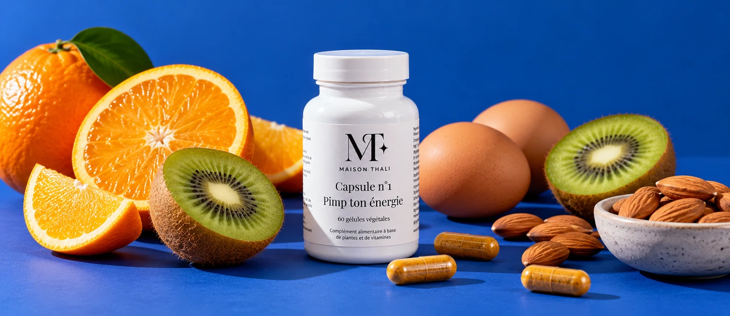 Flacon de Capsule n°1 de Maison Thali entouré d’agrumes, de kiwis et d’œufs