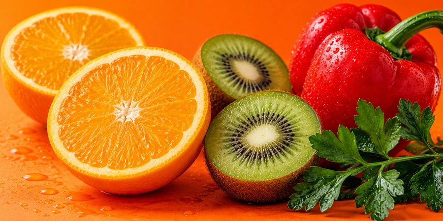 Oranges coupées, kiwis, poivron rouge et brin de persil sur un fond orange