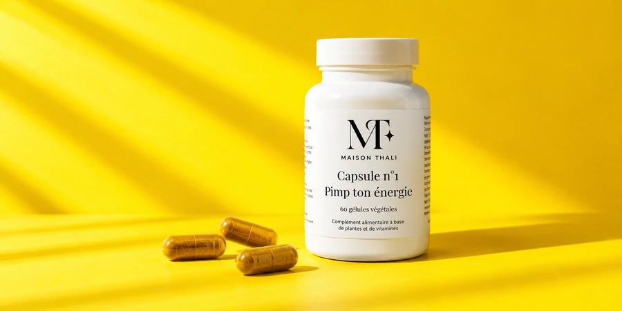 Flacon de Capsule n°1 de Maison Thali posé sur un fond jaune vif