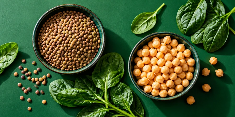 Lentilles, pois chiches et feuilles d’épinards frais sur un fond vert vif