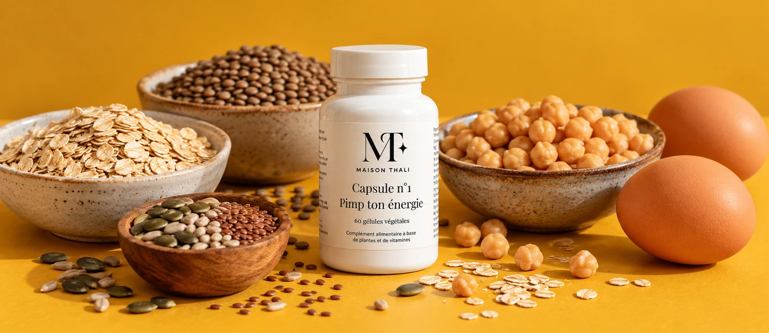 Capsule n°1 de Maison Thali entourée d’œufs, de légumineuses et de céréales complètes