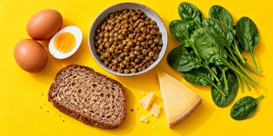 Œufs, lentilles, épinards, pain complet et fromage disposés sur un fond jaune vif