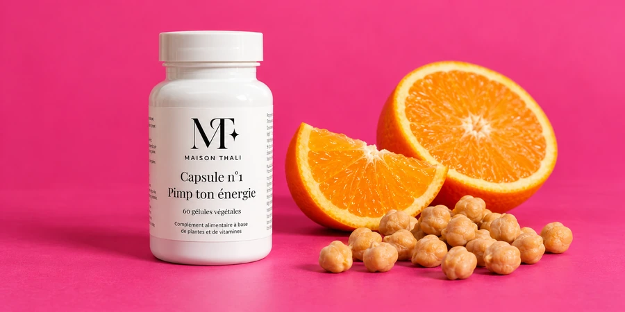 Flacon Capsule n°1 de Maison Thali entouré d’oranges et de pois chiches sur un fond rose vif