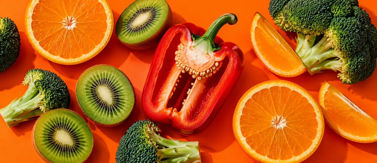 Kiwis, poivron rouge, oranges et brocoli, riches en vitamine C