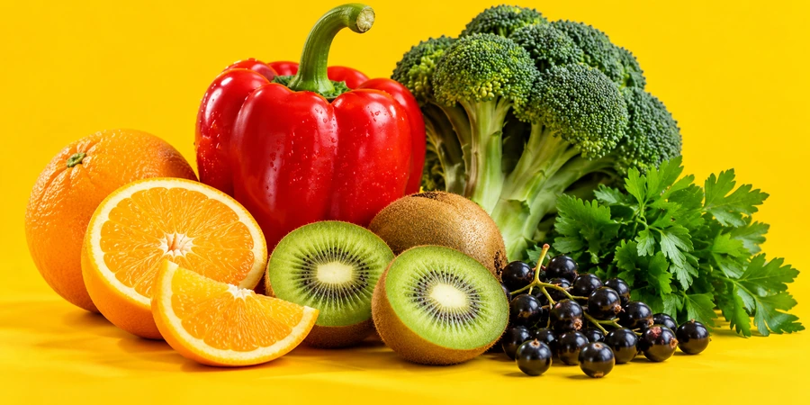 Poivron rouge, kiwis coupés, oranges, cassis, persil frais et bouquet de brocoli sur un fond jaune vif