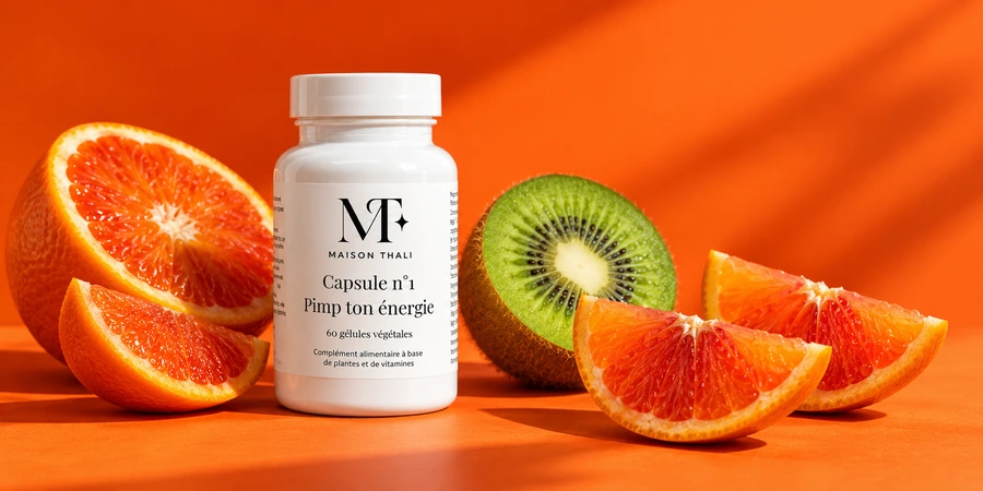 Flacon Capsule n°1 de Maison Thali à côté de quartiers d’orange et d’un kiwi coupé sur un fond orange