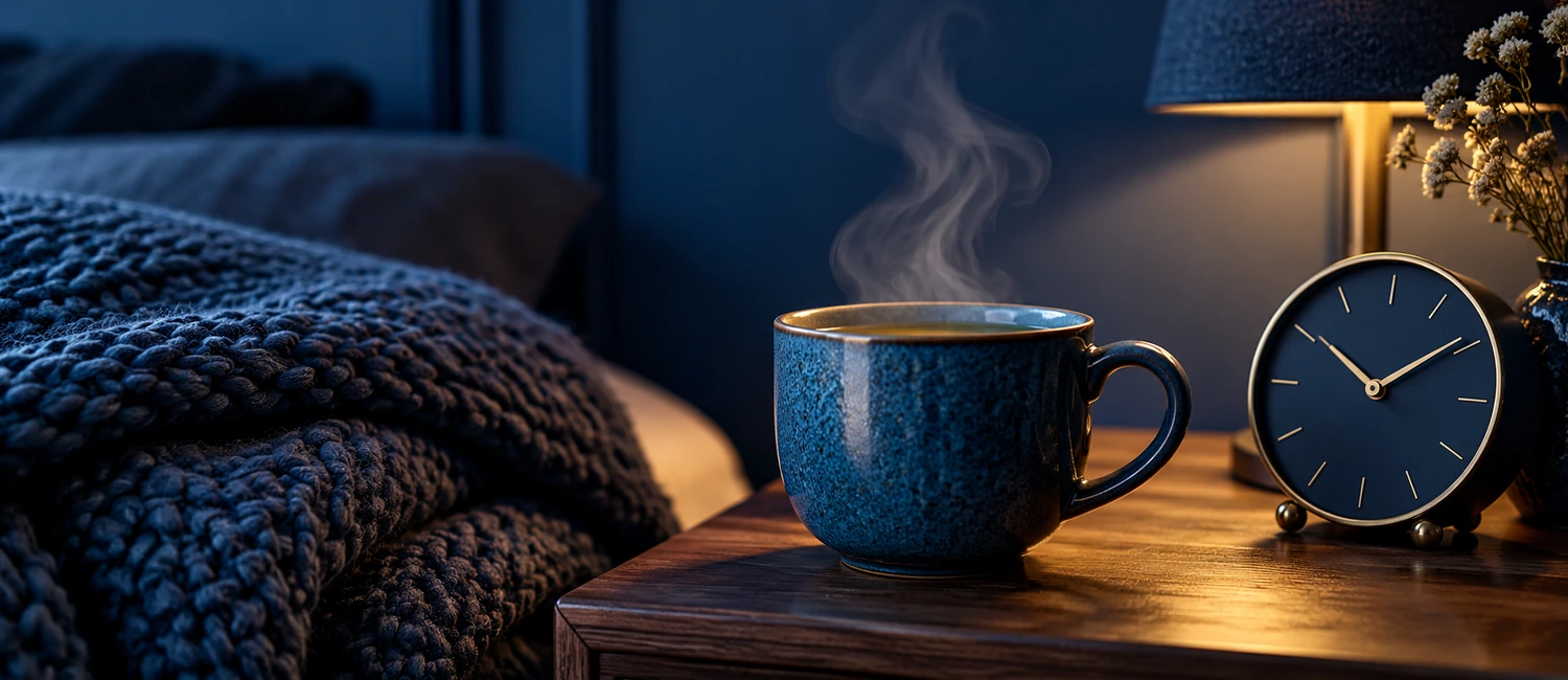 Tasse de tisane fumante, plaid et réveil posé sur une table de nuit