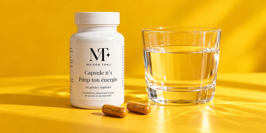 Flacon Capsule n°1 de Maison Thali, deux gélules et un verre d’eau sur un fond jaune vif