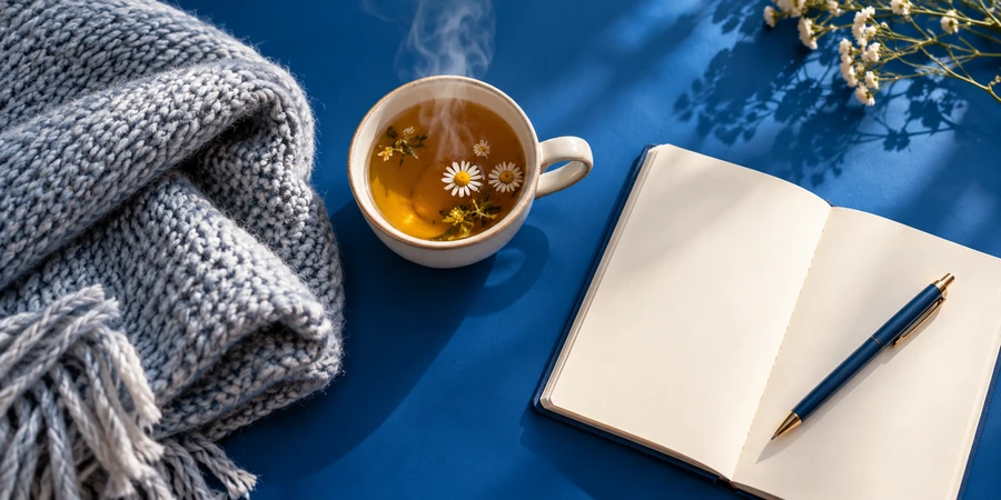 Tasse de tisane fumante, plaid en laine plié et carnet ouvert avec un stylo sur un fond bleu