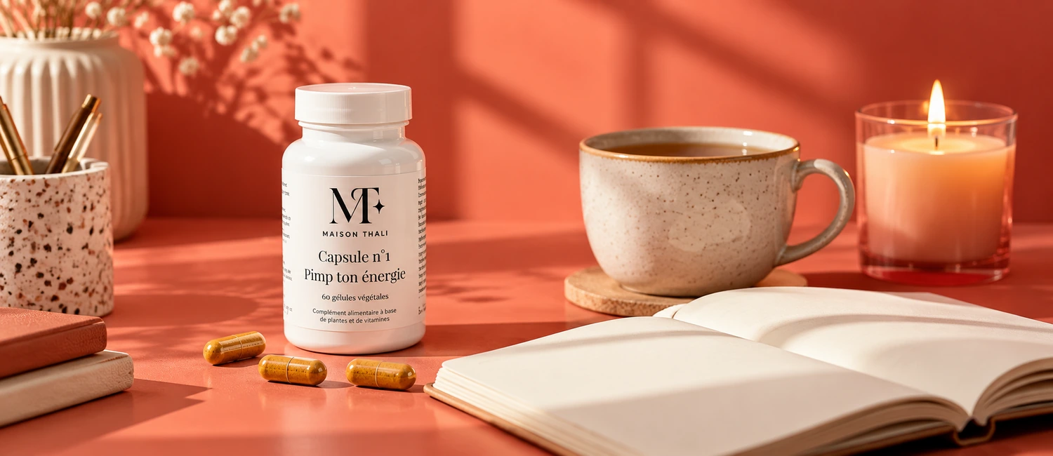 Capsule n°1 de Maison Thali à côté d’un carnet ouvert et d’une tasse de thé