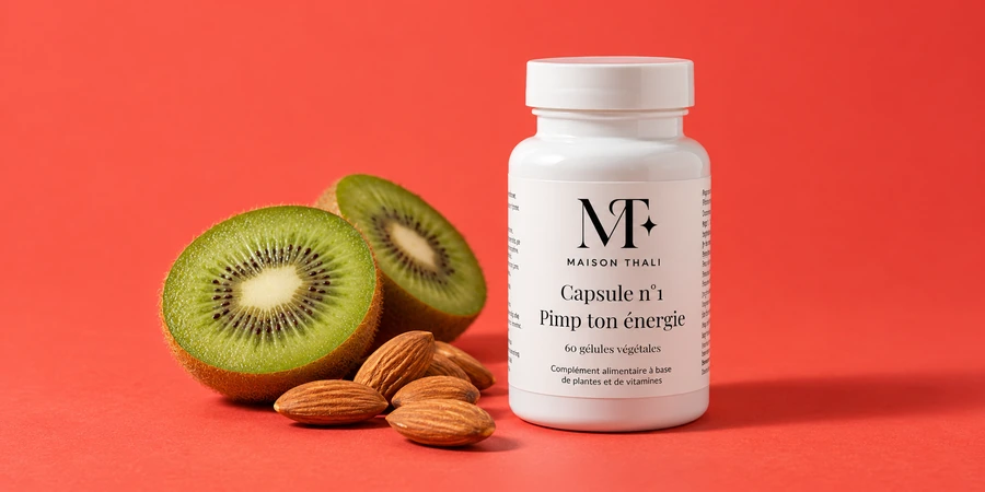 Flacon Capsule n°1 de Maison Thali à côté d’un kiwi coupé et d’une poignée d’amandes sur un fond corail
