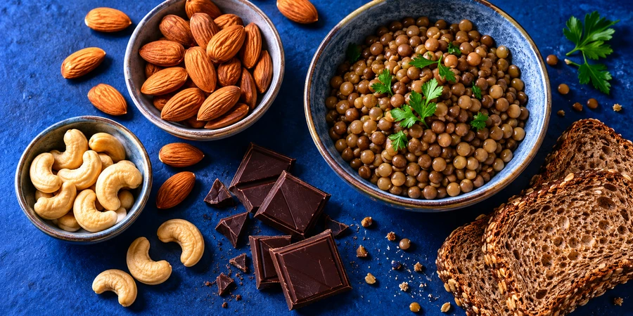 Amandes, noix, carrés de chocolat noir, pain complet et lentilles sur un fond bleu vif