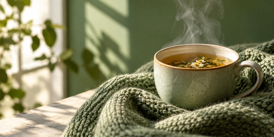 Tasse de tisane fumante sur un plaid en laine près d’une fenêtre baignée de lumière, fond vert sauge