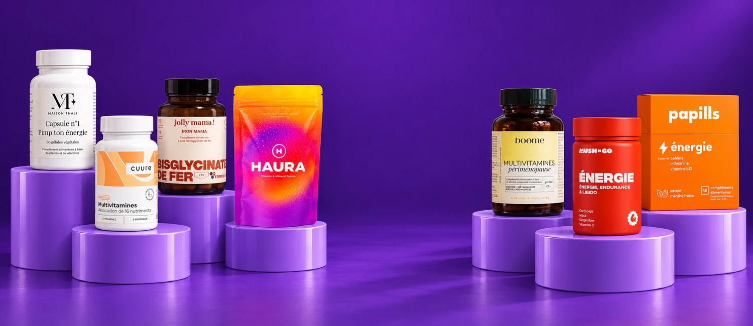 Capsule n°1 de Maison Thali, Cuure Multivitamines, Iron Mama, Haura, Boome, Mush N Go Énergie et Papills Énergie sur des podiums